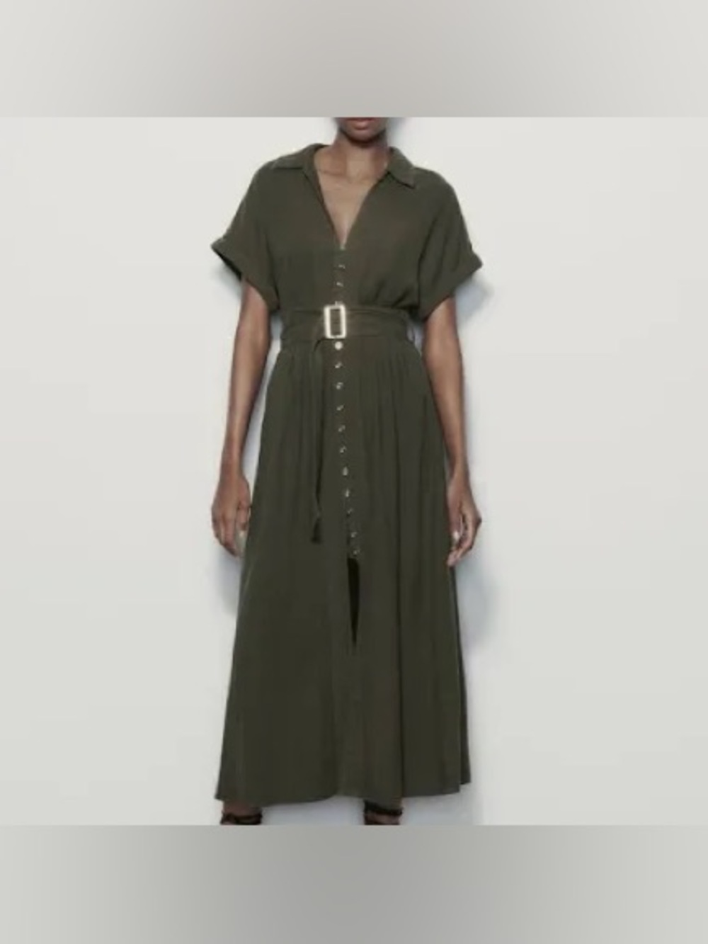 Zara olive green linen blend midi shirtdress Small